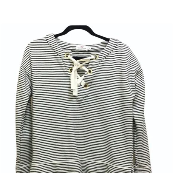 Vineyard Vines Black & White Striped Bateau Lace Up Pullover Sweater Sz XL - Picture 7 of 10